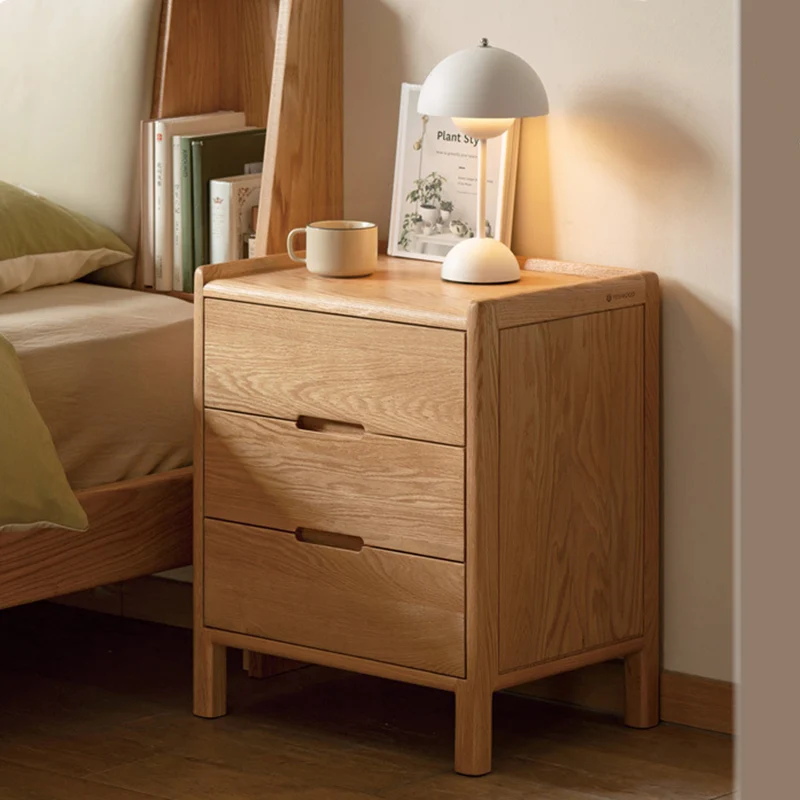 Contemporary Nordic Rectangular Solid Oak Nightstand 3-Drawer For Bedroom