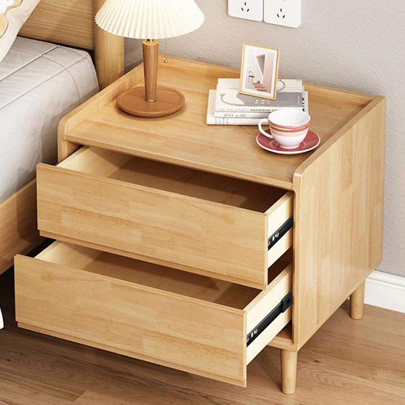 Traditional Chinese Solid Wood Sintered Stone Metal Square-Cylinder Nightstand With 2 Drawers For Bedroom