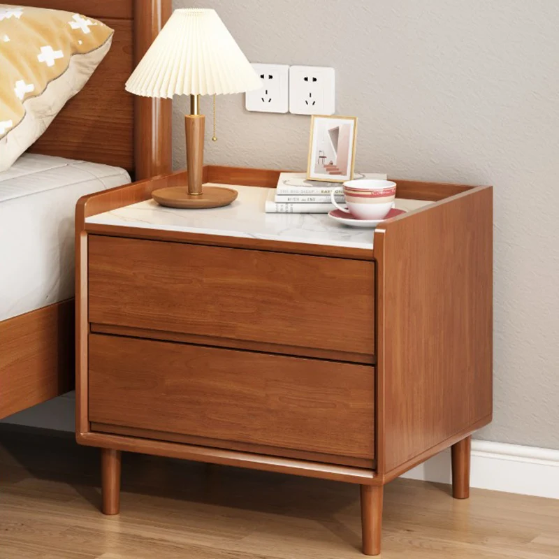 Traditional Chinese Solid Wood Sintered Stone Metal Square-Cylinder Nightstand With 2 Drawers For Bedroom