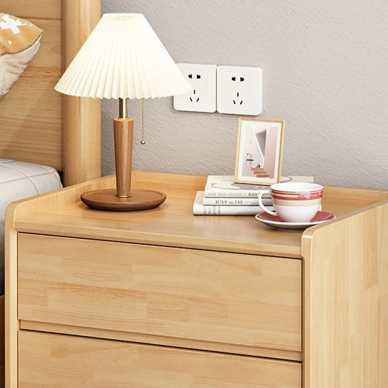 Traditional Chinese Solid Wood Sintered Stone Metal Square-Cylinder Nightstand With 2 Drawers For Bedroom