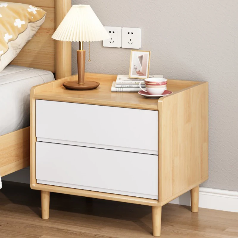 Traditional Chinese Solid Wood Sintered Stone Metal Square-Cylinder Nightstand With 2 Drawers For Bedroom