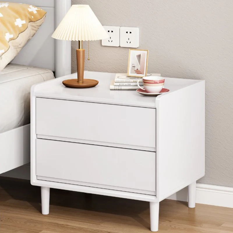 Traditional Chinese Solid Wood Sintered Stone Metal Square-Cylinder Nightstand With 2 Drawers For Bedroom