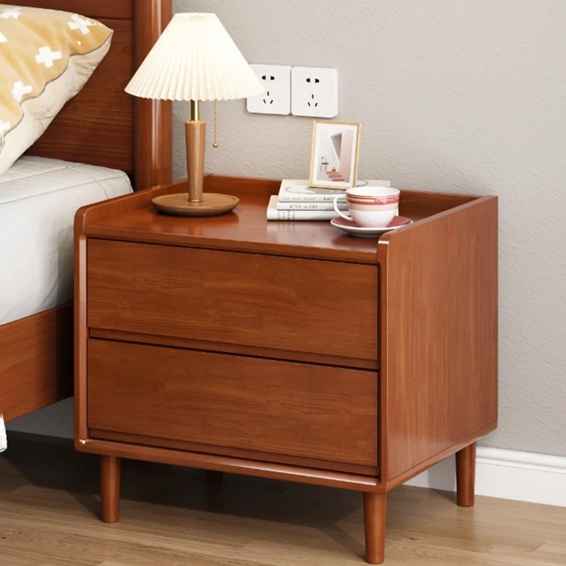 Traditional Chinese Solid Wood Sintered Stone Metal Square-Cylinder Nightstand With 2 Drawers For Bedroom