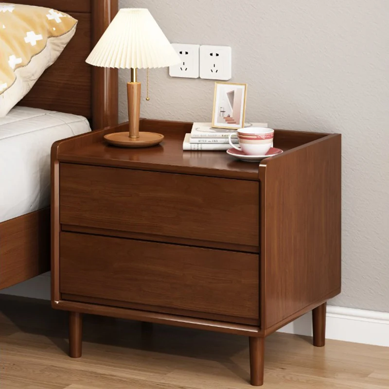 Traditional Chinese Solid Wood Sintered Stone Metal Square-Cylinder Nightstand With 2 Drawers For Bedroom