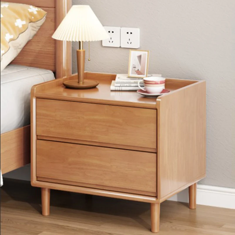 Traditional Chinese Solid Wood Sintered Stone Metal Square-Cylinder Nightstand With 2 Drawers For Bedroom