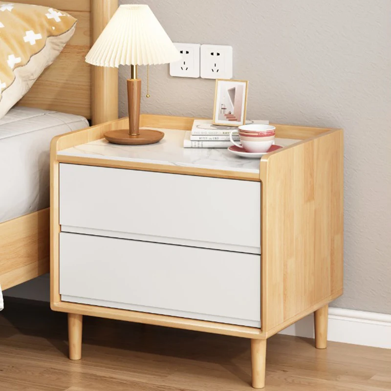 Traditional Chinese Solid Wood Sintered Stone Metal Square-Cylinder Nightstand With 2 Drawers For Bedroom