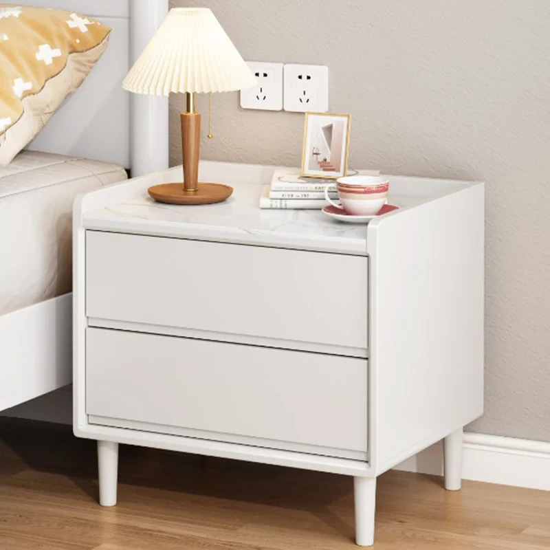 Traditional Chinese Solid Wood Sintered Stone Metal Square-Cylinder Nightstand With 2 Drawers For Bedroom