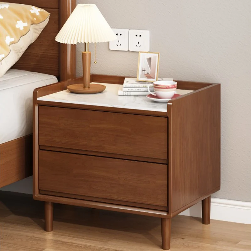 Traditional Chinese Solid Wood Sintered Stone Metal Square-Cylinder Nightstand With 2 Drawers For Bedroom