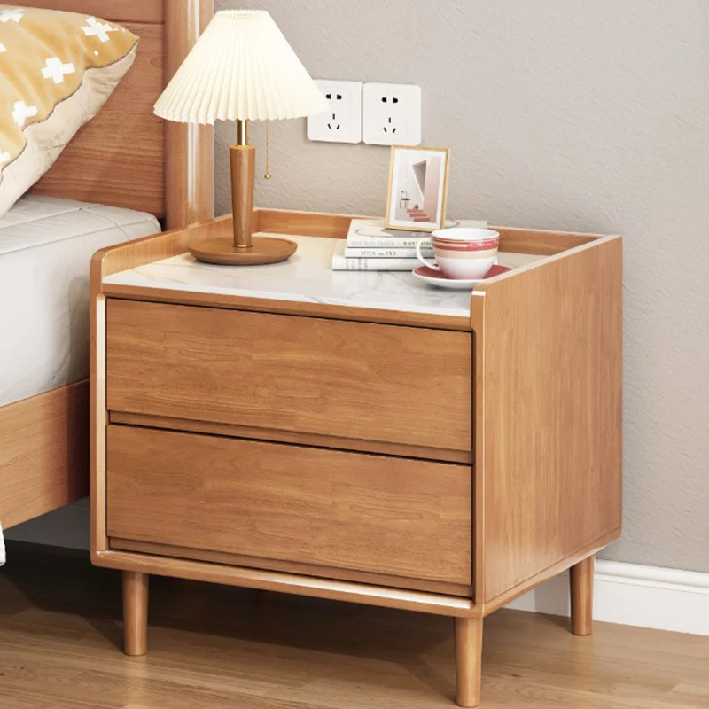 Traditional Chinese Solid Wood Sintered Stone Metal Square-Cylinder Nightstand With 2 Drawers For Bedroom