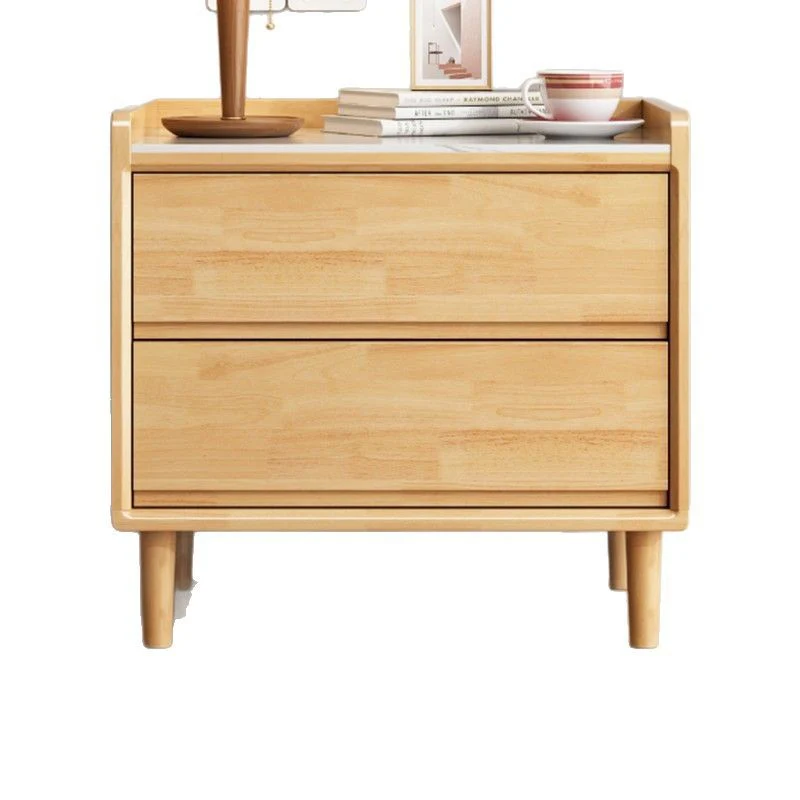 Traditional Chinese Solid Wood Sintered Stone Metal Square-Cylinder Nightstand With 2 Drawers For Bedroom