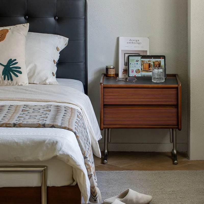 Traditional Chinese Pine Stainless Steel Sintered Stone Wavy Square Nightstand With 2-Drawer For Bedroom