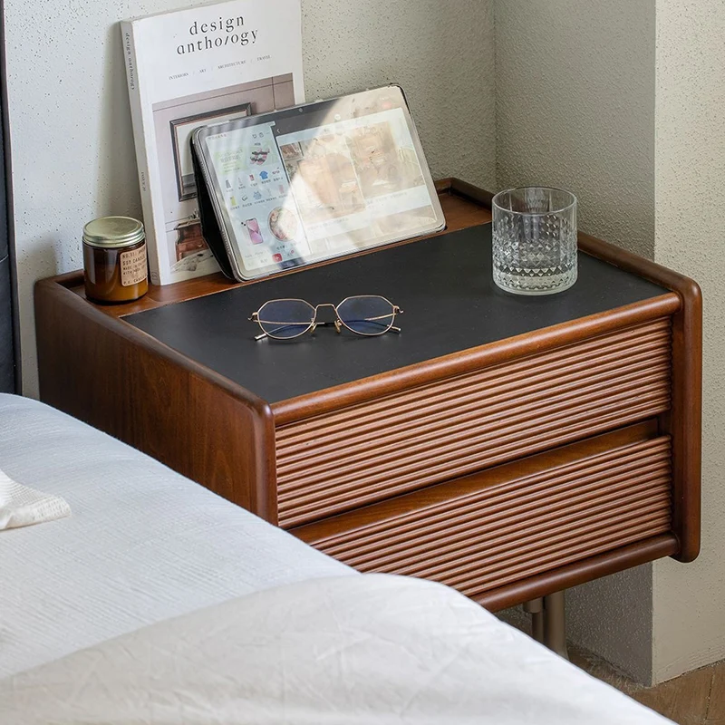 Traditional Chinese Pine Stainless Steel Sintered Stone Wavy Square Nightstand With 2-Drawer For Bedroom