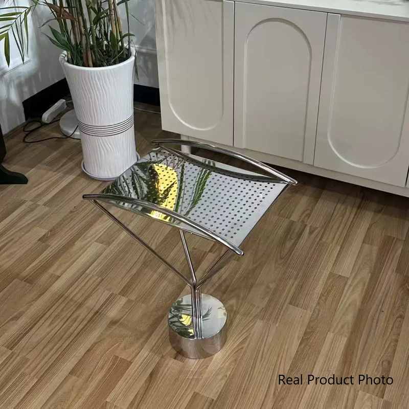 Contemporary Creative Stainless Steel Curved Hollow Square End Table 1-Tier For Living Room