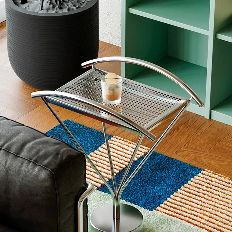 Contemporary Creative Stainless Steel Curved Hollow Square End Table 1-Tier For Living Room