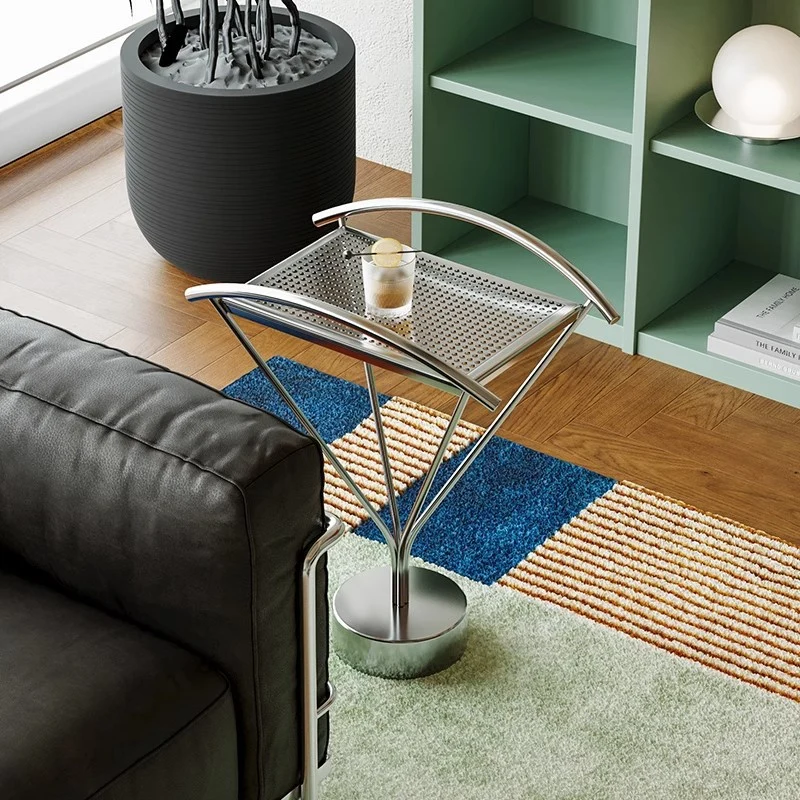 Contemporary Creative Stainless Steel Curved Hollow Square End Table 1-Tier For Living Room