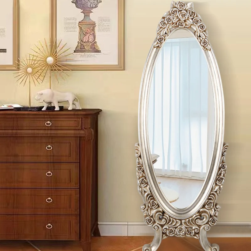 Traditional European Oval PU Faux Wood Float Glass Full-Length Mirror For Bedroom