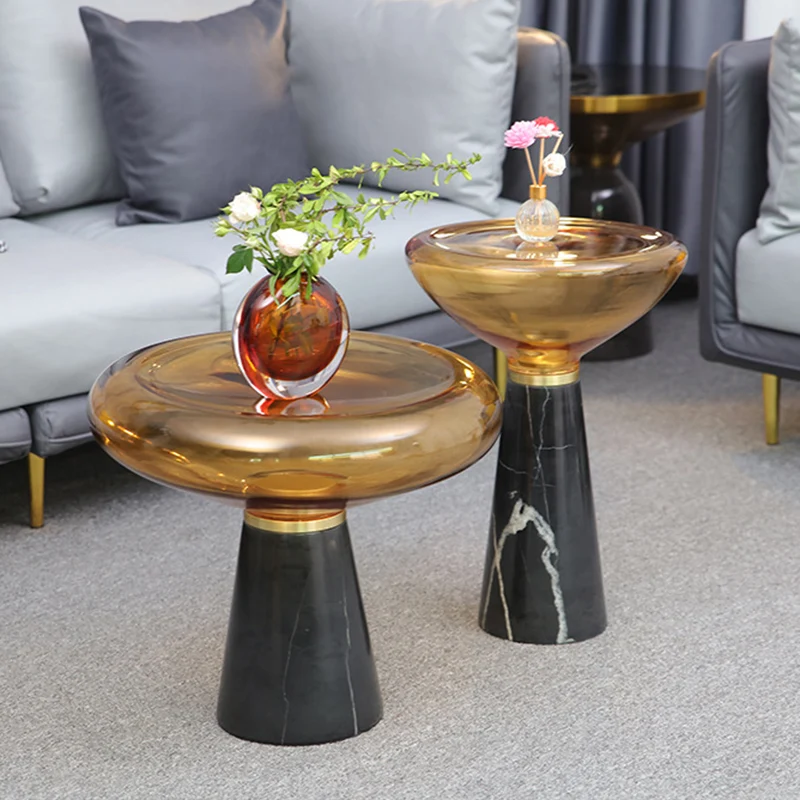 Modern Luxury Round Marble Tempered Glass Iron Side Table 1-Tier For Living Room