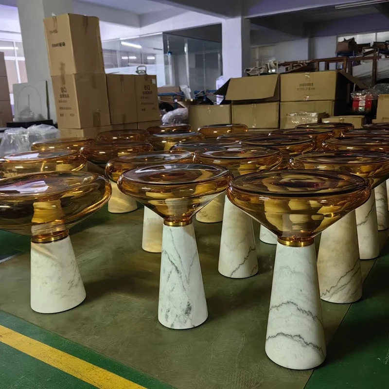 Modern Luxury Round Marble Tempered Glass Iron Side Table 1-Tier For Living Room