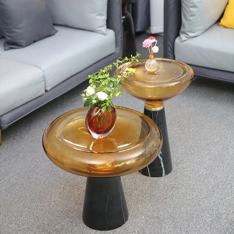 Modern Luxury Round Marble Tempered Glass Iron Side Table 1-Tier For Living Room