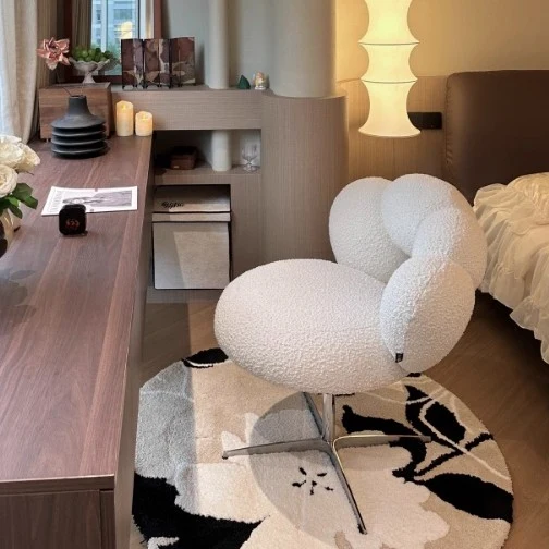 Modern Minimalist Round Lamb Fleece Velvet Carbon Steel Height Adjustable 360°Swivel Vanity Stool Backrest Armless For Bedroom