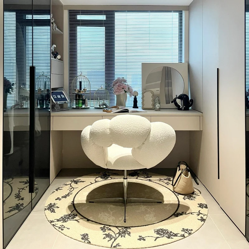 Modern Minimalist Round Lamb Fleece Velvet Carbon Steel Height Adjustable 360°Swivel Vanity Stool Backrest Armless For Bedroom