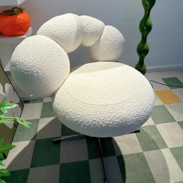Modern Minimalist Round Lamb Fleece Velvet Carbon Steel Height Adjustable 360°Swivel Vanity Stool Backrest Armless For Bedroom