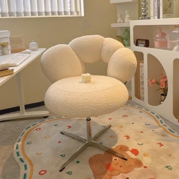 Modern Minimalist Round Lamb Fleece Velvet Carbon Steel Height Adjustable 360°Swivel Vanity Stool Backrest Armless For Bedroom