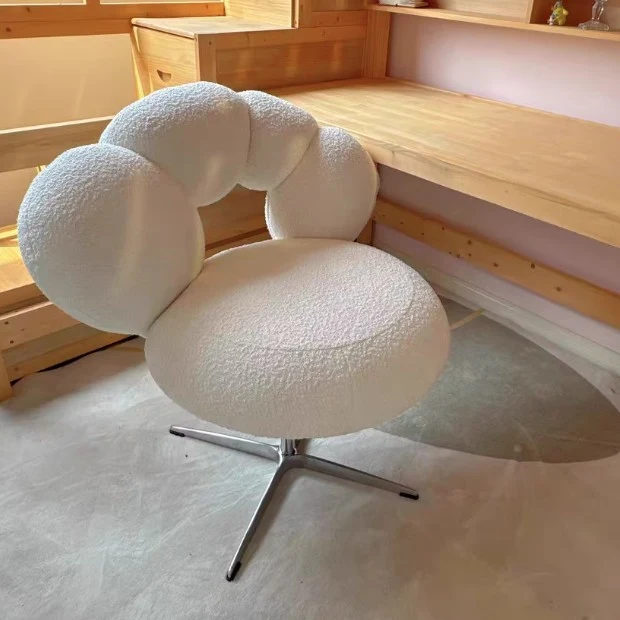 Modern Minimalist Round Lamb Fleece Velvet Carbon Steel Height Adjustable 360°Swivel Vanity Stool Backrest Armless For Bedroom