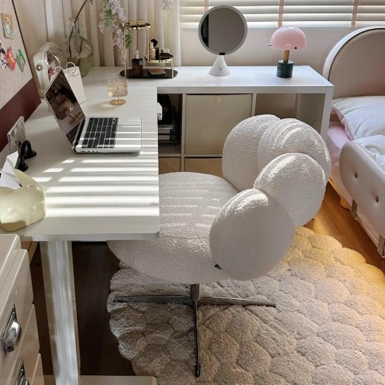 Modern Minimalist Round Lamb Fleece Velvet Carbon Steel Height Adjustable 360°Swivel Vanity Stool Backrest Armless For Bedroom