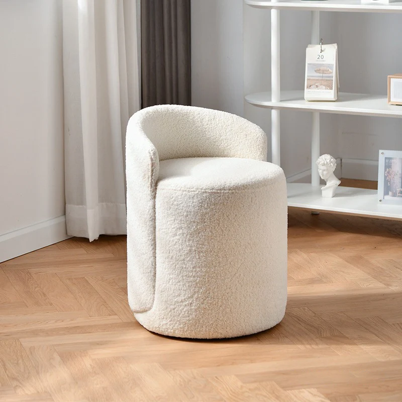 Modern Minimalist Round Faux Nappa Leather Lamb Fleece Poplar Wood Pine Wood Vanity Stool Backrest Armless For Bedroom