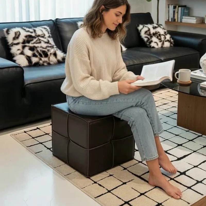 Traditional Vintage Square Plywood Sponge Synthetic Leather Footstool For Living Room
