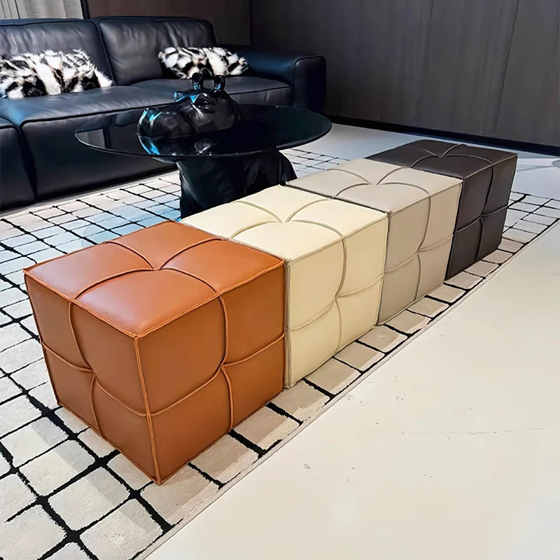Traditional Vintage Square Plywood Sponge Synthetic Leather Footstool For Living Room
