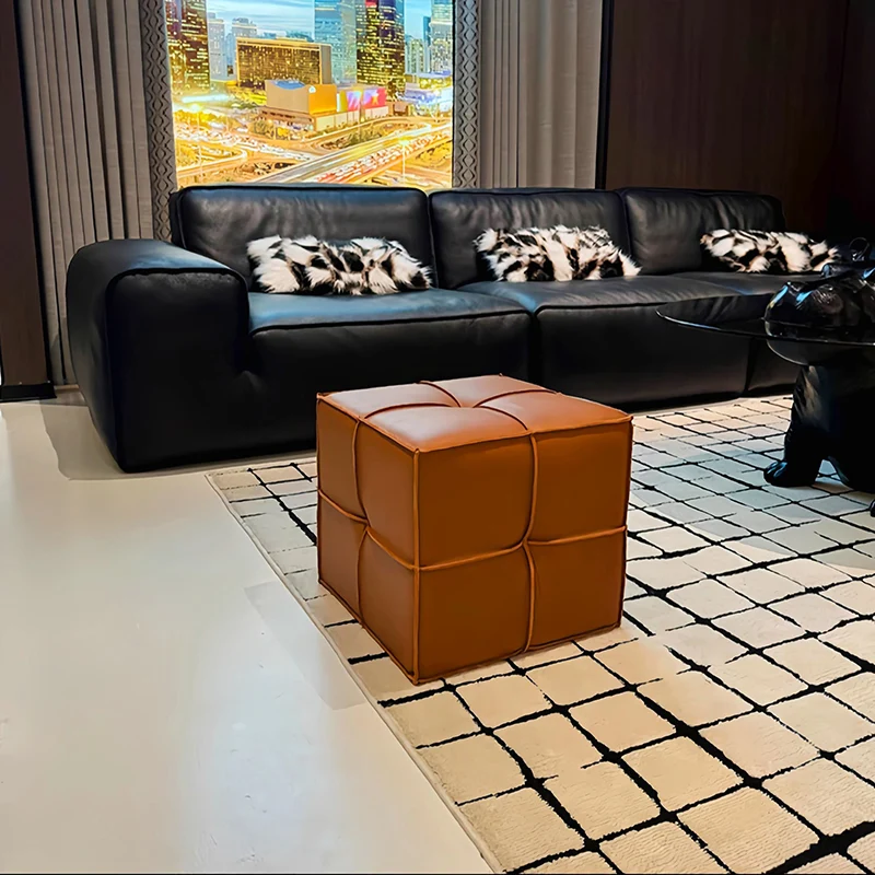 Traditional Vintage Square Plywood Sponge Synthetic Leather Footstool For Living Room