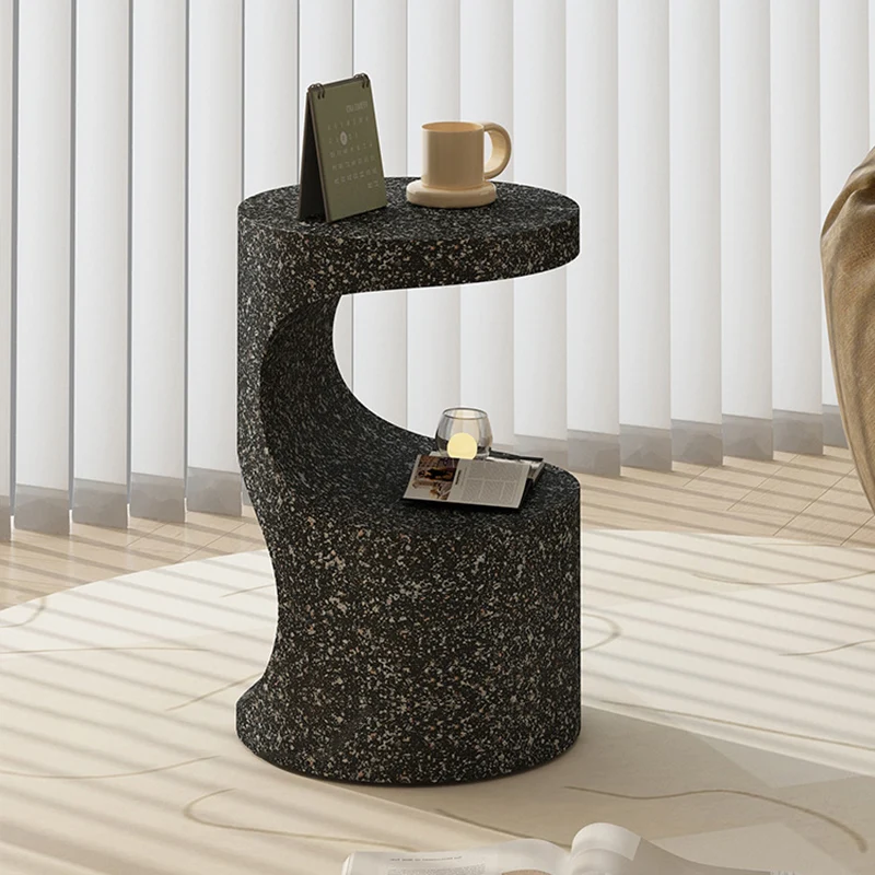 Modern Luxury Round Curved Iron Side Table 2-Tier Terrazzo Finish For Living Room