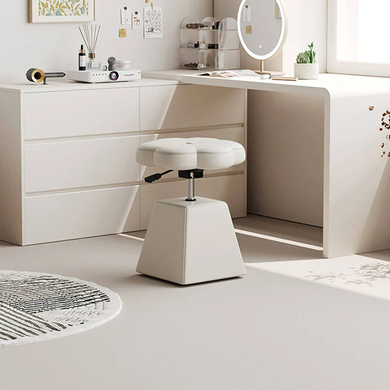 Traditional French Floral PU Leather Plywood Iron Sponge Liftable Swivel Vanity Stool Backless Armless For Bedroom