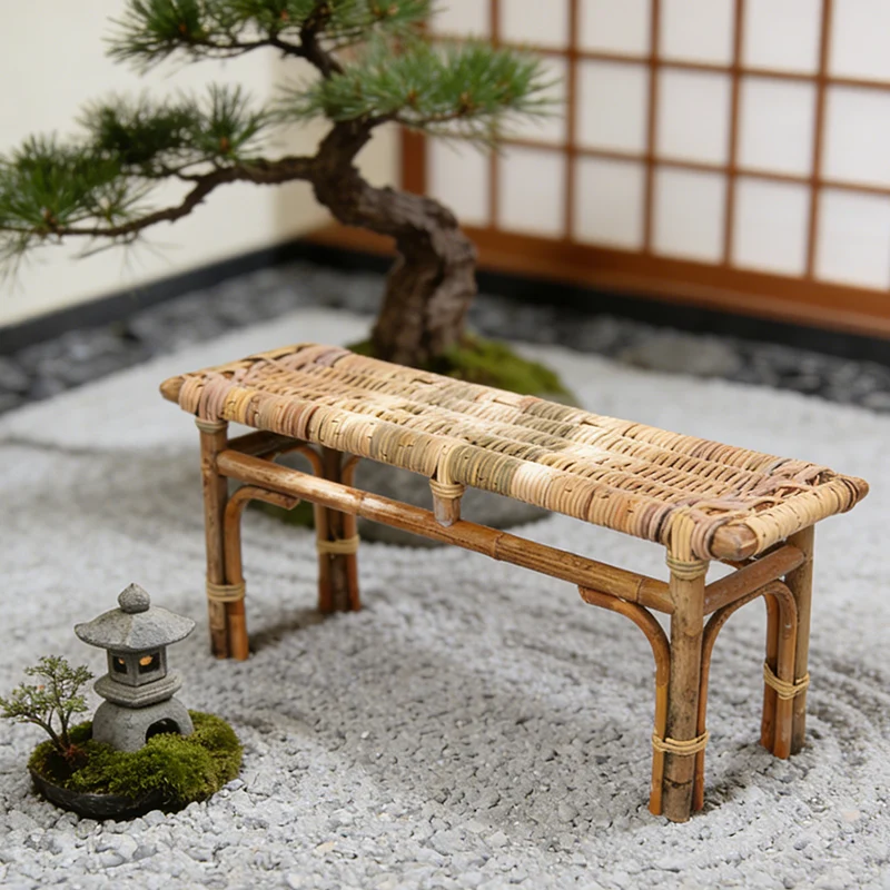 Modern Minimalist Bamboo Rattan Bench Solid Bamboo Frame & Woven Rattan: Sturdy, Lightweight, Eco-Friendly & Breathable Seating For Patio And Balcony