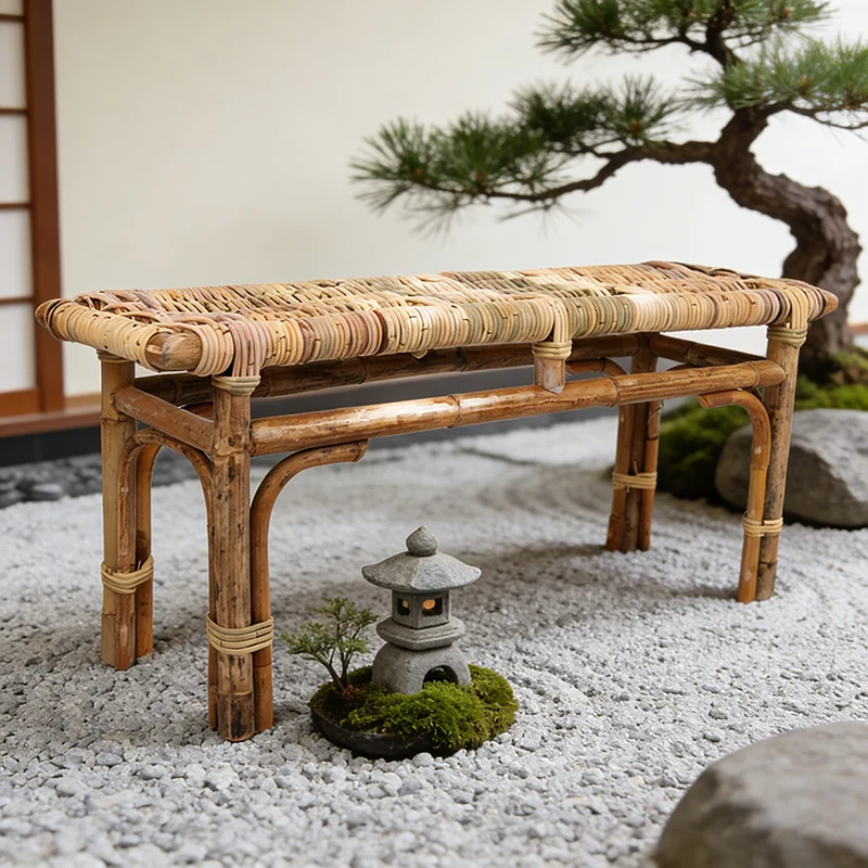 Modern Minimalist Bamboo Rattan Bench Solid Bamboo Frame & Woven Rattan: Sturdy, Lightweight, Eco-Friendly & Breathable Seating For Patio And Balcony