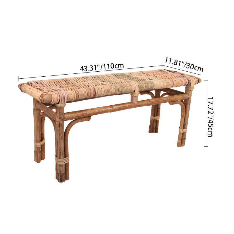 Modern Minimalist Bamboo Rattan Bench Solid Bamboo Frame & Woven Rattan: Sturdy, Lightweight, Eco-Friendly & Breathable Seating For Patio And Balcony