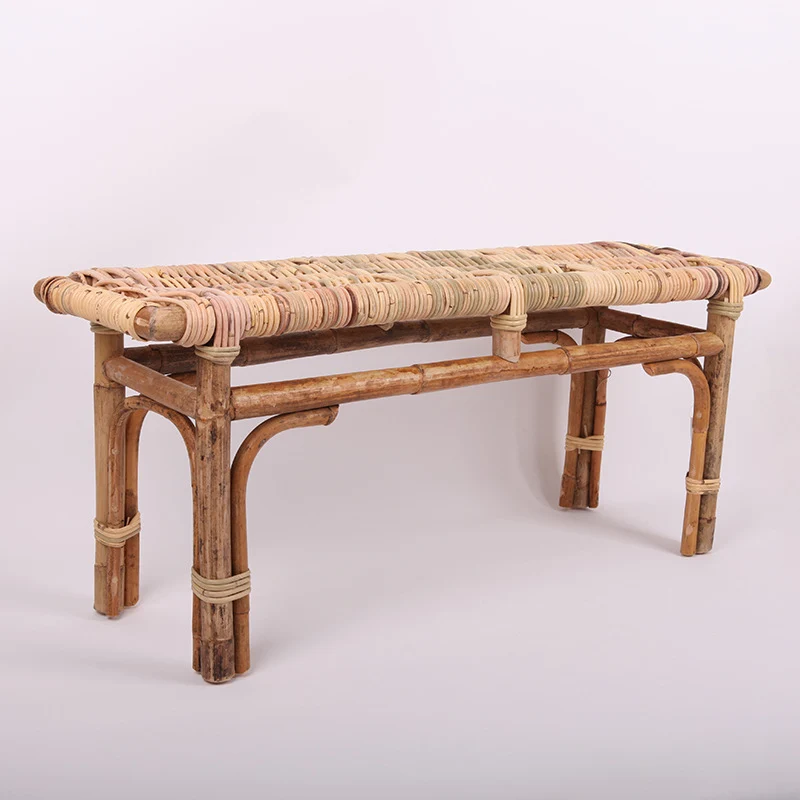 Modern Minimalist Bamboo Rattan Bench Solid Bamboo Frame & Woven Rattan: Sturdy, Lightweight, Eco-Friendly & Breathable Seating For Patio And Balcony