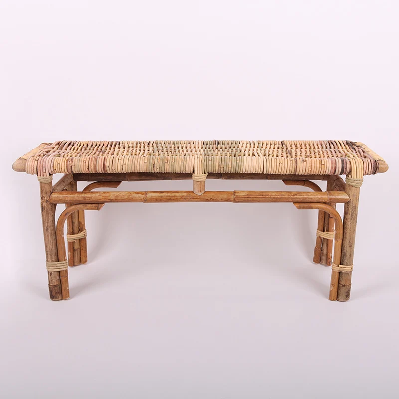 Modern Minimalist Bamboo Rattan Bench Solid Bamboo Frame & Woven Rattan: Sturdy, Lightweight, Eco-Friendly & Breathable Seating For Patio And Balcony
