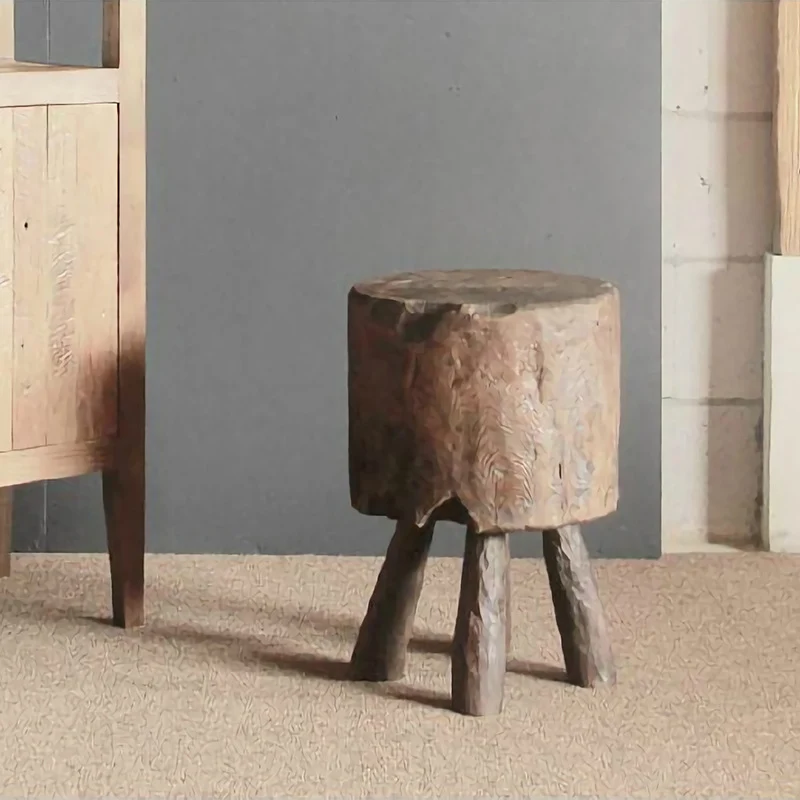 Rustic Round Solid Wood Stool - Vintage Hand-Carved Side Table: Heavy Duty, Natural Edge & Stable Flared Legs For Garden, Patio & Home
