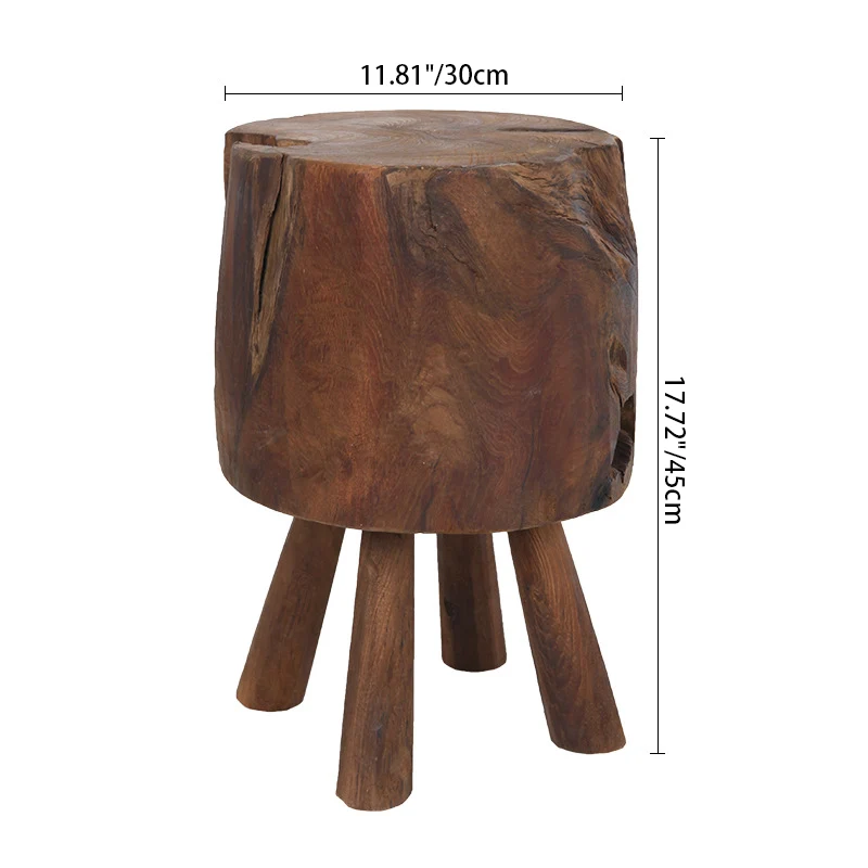 Rustic Round Solid Wood Stool - Vintage Hand-Carved Side Table: Heavy Duty, Natural Edge & Stable Flared Legs For Garden, Patio & Home