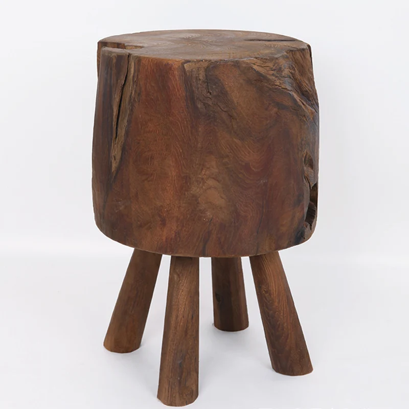 Rustic Round Solid Wood Stool - Vintage Hand-Carved Side Table: Heavy Duty, Natural Edge & Stable Flared Legs For Garden, Patio & Home