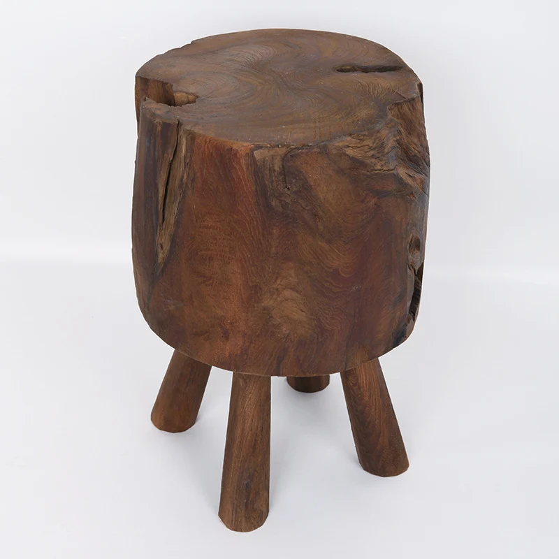 Rustic Round Solid Wood Stool - Vintage Hand-Carved Side Table: Heavy Duty, Natural Edge & Stable Flared Legs For Garden, Patio & Home