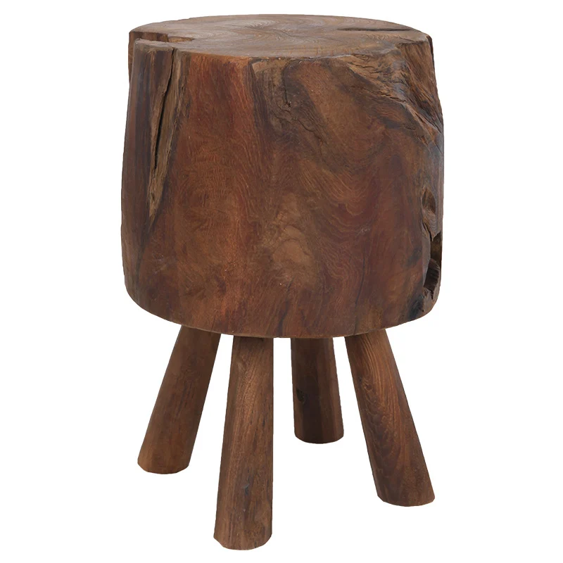 Rustic Round Solid Wood Stool - Vintage Hand-Carved Side Table: Heavy Duty, Natural Edge & Stable Flared Legs For Garden, Patio & Home
