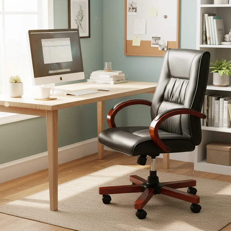 Modern Minimalist Curved PU Leather Sponge Solid Wood Nylon Desk Chair Backrest Armrest For Home Office