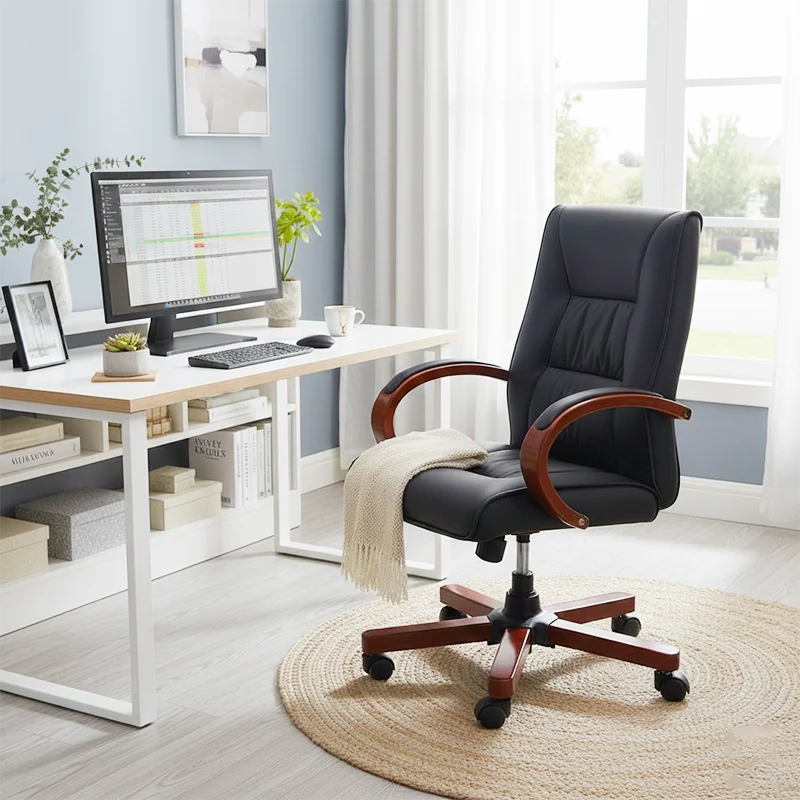 Modern Minimalist Curved PU Leather Sponge Solid Wood Nylon Desk Chair Backrest Armrest For Home Office
