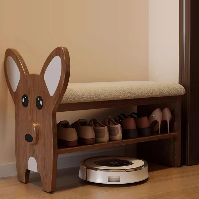 Modern Minimalist Dog-Shaped Red Oak Wood Teddy Plush Sponge Acrylic Footstool For Hallway
