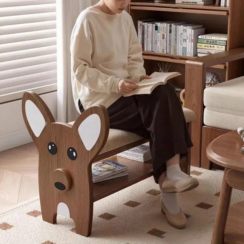 Modern Minimalist Dog-Shaped Red Oak Wood Teddy Plush Sponge Acrylic Footstool For Hallway