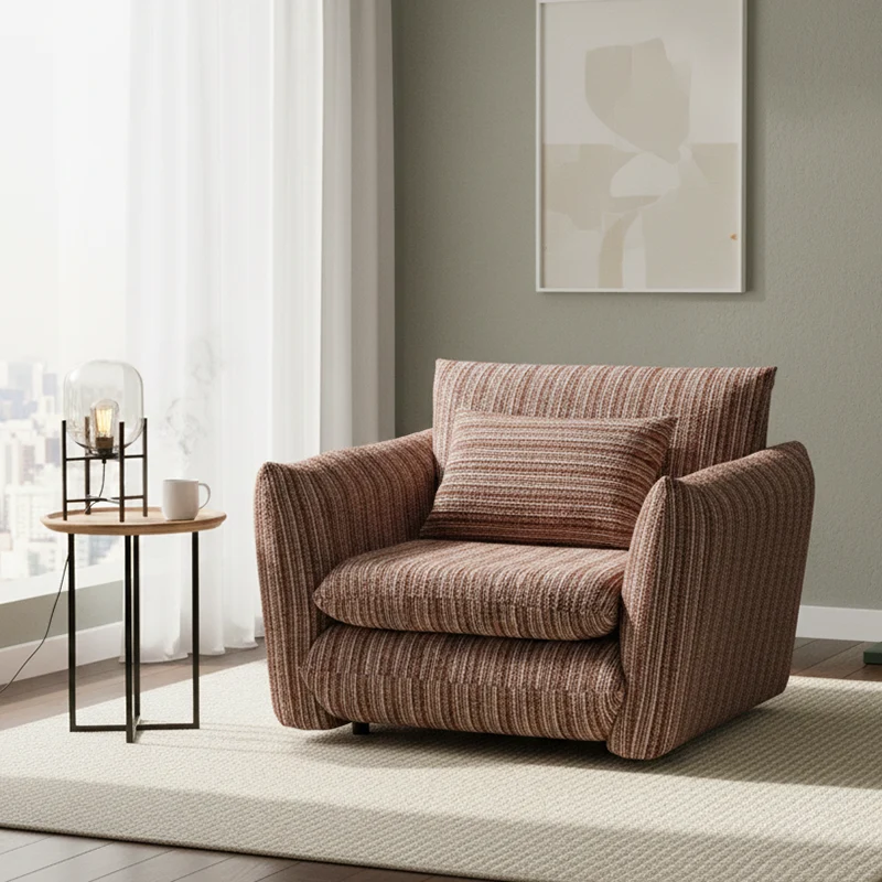 Traditional Vintage Curved Multi-Layer Board Solid Wood Cotton-Linen Sponge Accent Chair Backrest Armrest For Living Room